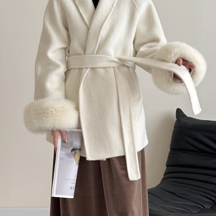 Onbely manteau en laine courte fausse fourrure avec ceinture pour femme