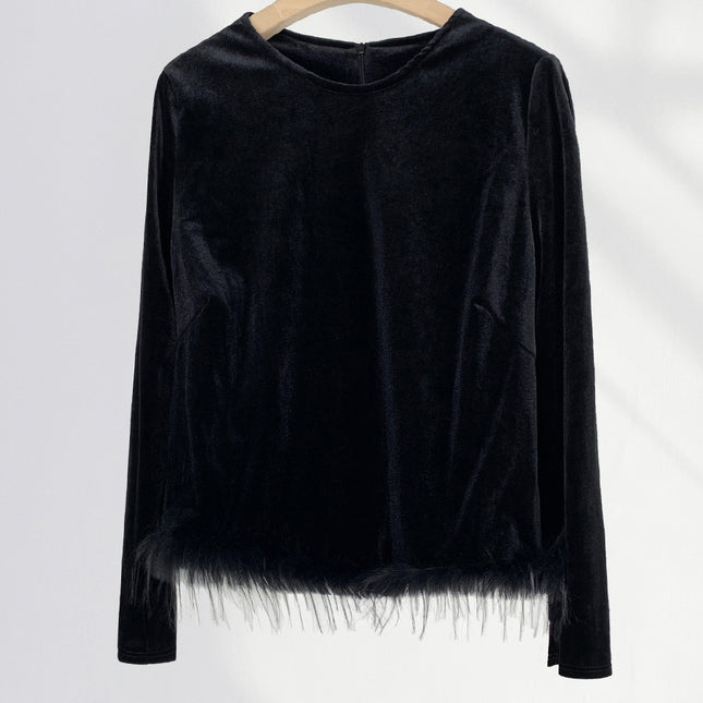 Onbely Haut Velours Noir avec Plumes et Col Rond Femme Mode à Manches Longues