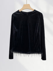 Onbely Women's Black Velvet Top with Feathers and Round Neck Long Sleeve Fashion