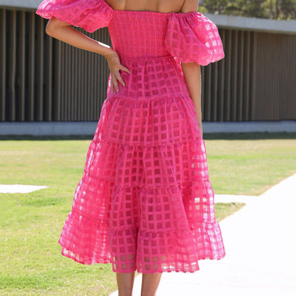 Onbely mi-longue robe carreaux col bateau manches bouffantes cocktail