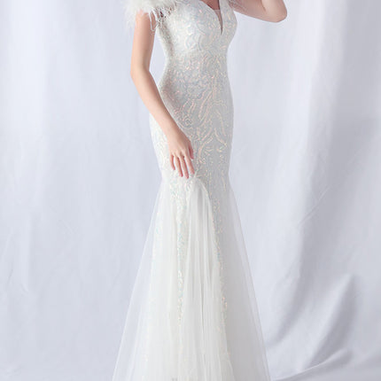 Onbely robe de soirée maxi longue en paillettes brillantes avec plumes pour un mariage femme cérémonie