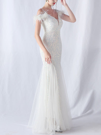 Onbely robe de soirée maxi longue en paillettes brillantes avec plumes pour un mariage femme cérémonie