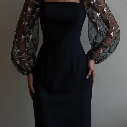 Onbely mi-longue robe moulante col carré manches longues cocktail