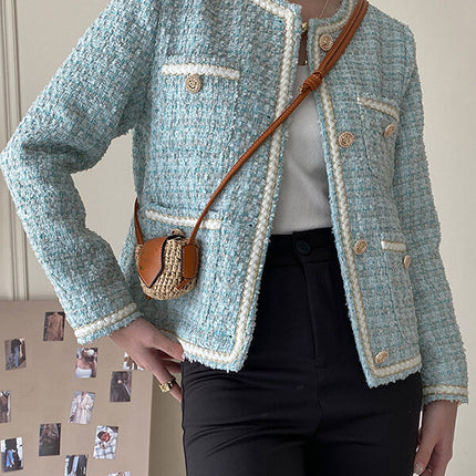 Onbely veste courte en tweed boutonnage avec poches femme élégant bleu