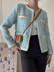 Onbely women's elegant blue short tweed jacket with pockets