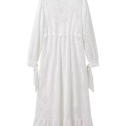 Onbely robe mi-longue dentelle coulisse taille col en V manches longues bohème blanc boho dress