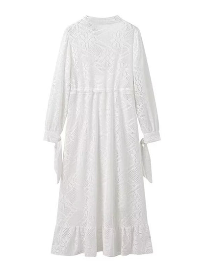 Onbely robe mi-longue dentelle coulisse taille col en V manches longues bohème blanc
