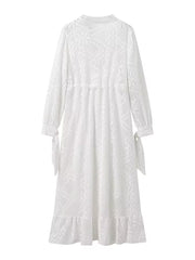 Onbely robe mi-longue dentelle coulisse taille col en V manches longues bohème blanc
