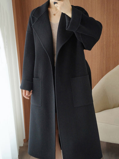 Onbely manteau en laine longue avec poches ceinture pour femme