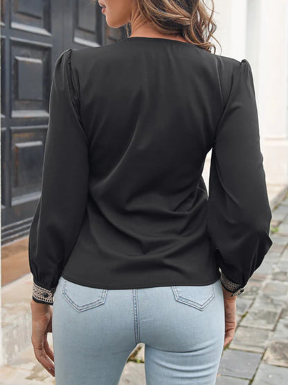 Onbely blouse mousseline dentelle v-cou manches bouffantes femme élégant chemisier