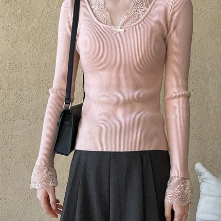 Onbely pull en maille dentelle Col en V manches évasées femme élégant