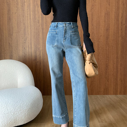 Onbely Jeans Flare Évasé avec Poches et Fermeture Éclair pour Femme Style Mode