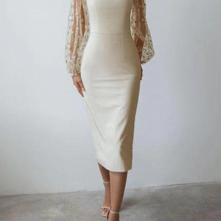 Onbely mi-longue robe moulante col carré manches longues cocktail