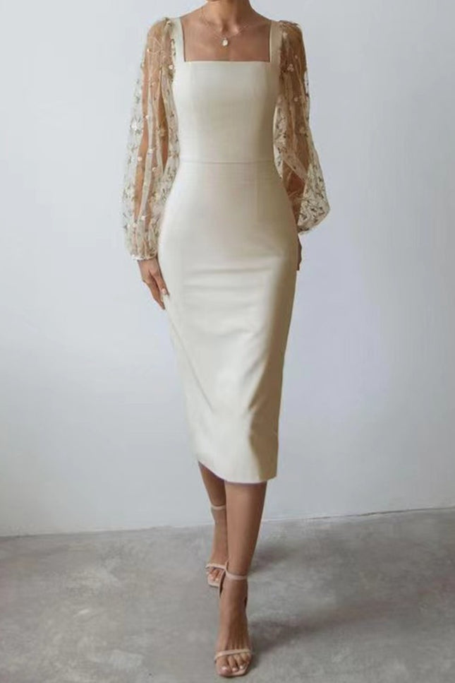 Onbely mi-longue robe moulante col carré manches longues cocktail