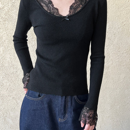 Onbely pull en maille dentelle Col en V manches évasées femme élégant