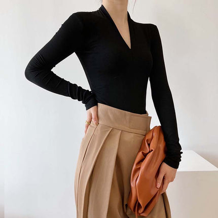 Onbely haut tricot côtelé Col en V manches longues femme