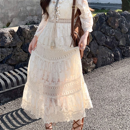 Onbely robe longue bohème à broderie anglaise avec pompons et manches évasées pour plage et vacances boho dress