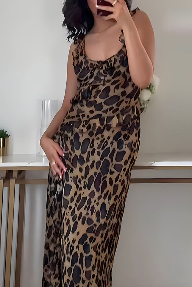 Onbely robe de soirée longue léopard fendue sur le côté à volantée mode