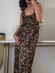 Onbely Leopard Print Side Slit Ruffle Long Evening Dress Fashion