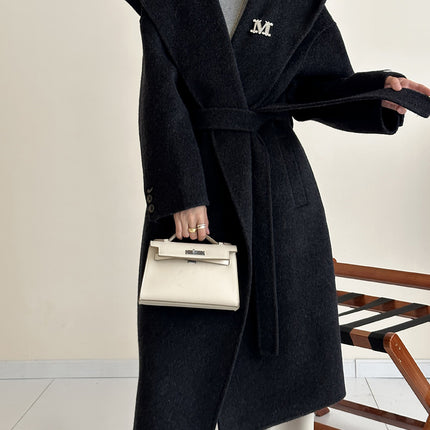 Onbely manteau en laine longue avec poches ceinture à capuche pour femme