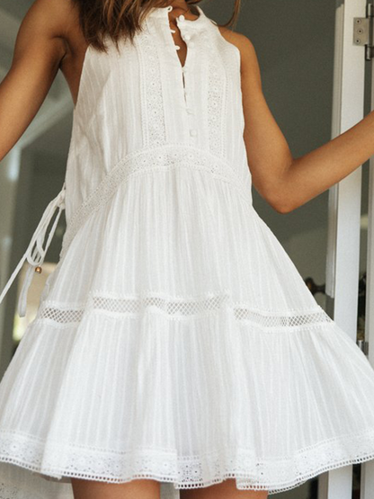 Onbely Robe courte broderie anglaise boutonnage col rond sans manches blanc