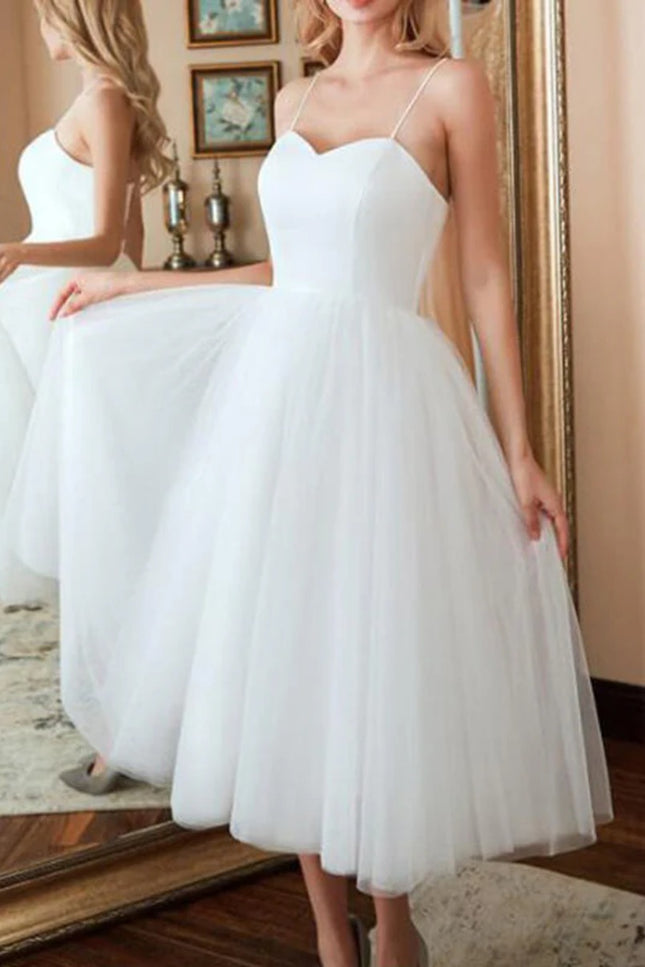 Onbely mi-longue robe trapèze unicolore tulle dos nu à fines brides col en V taille marquée élégant soirée cérémonie