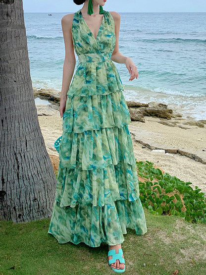 Onbely robe maxi longue licou froufrou dos nu vert