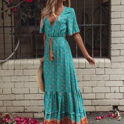 Onbely robe longue fleurs plissé col en V manches courtes bohème vacances plage boho dress