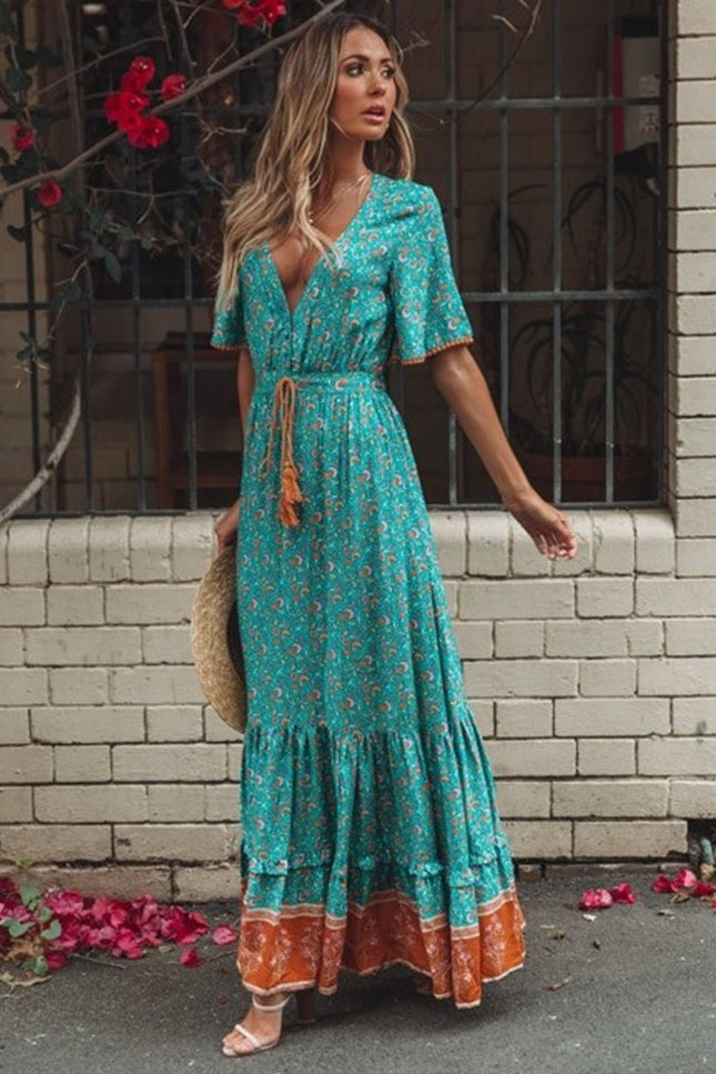 Onbely robe longue fleurs plissé col en V manches courtes bohème vacances plage boho dress