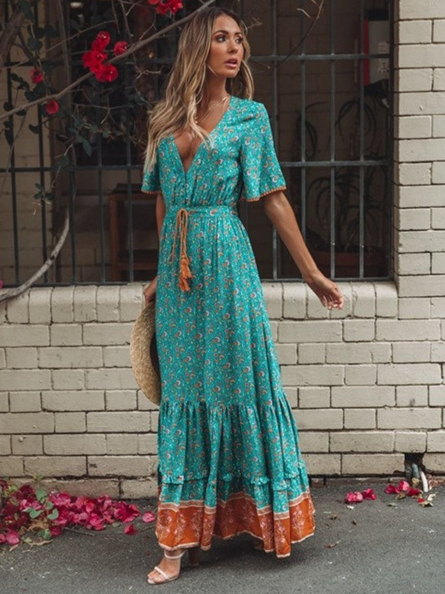 Onbely robe longue fleurs plissé col en V manches courtes bohème vacances plage