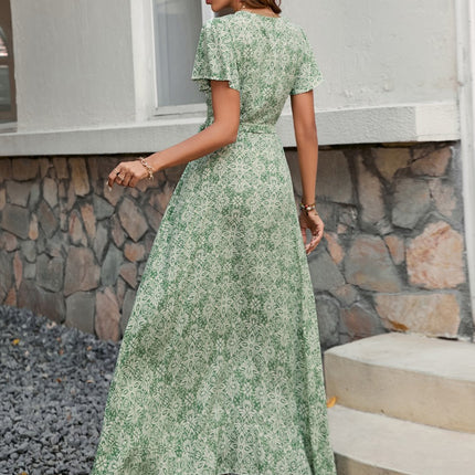 Onbely robe longue court devant longue derriere fleurs fendu col en V manches courtes mode tous les jours vacances