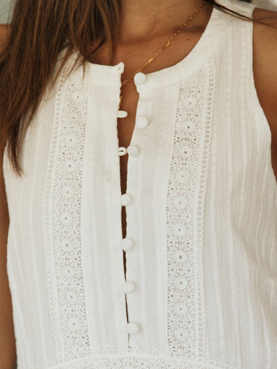 Onbely Robe courte broderie anglaise boutonnage col rond sans manches blanc