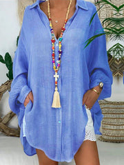 Onbely mi-longue blouse robe oversized boutonnage manches longues femme bohème chemisier