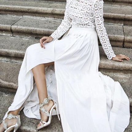 Onbely robe de soirée longue unicolore dentelle fendu le côté col rond manches longues froncée élégant bal de promo cérémonie