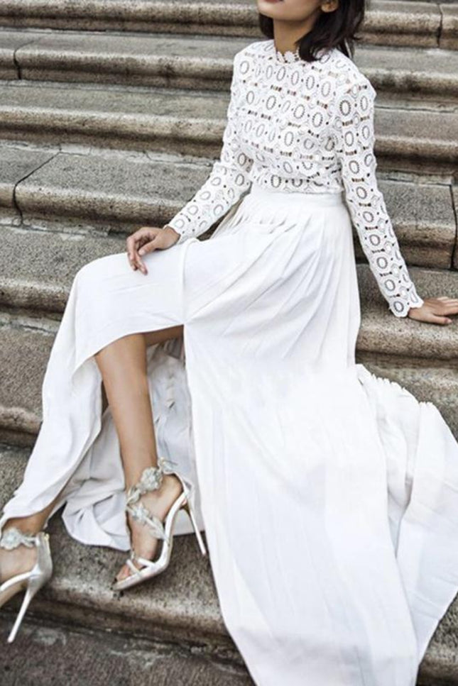 Onbely robe de soirée longue unicolore dentelle fendu le côté col rond manches longues froncée élégant bal de promo cérémonie