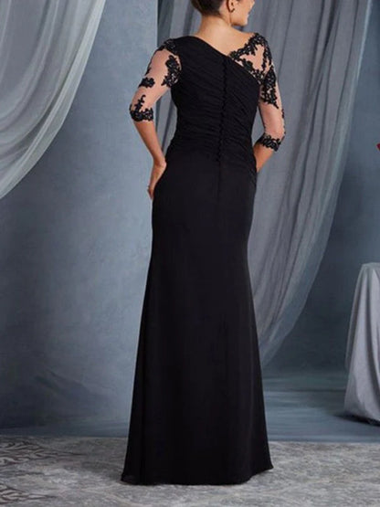Onbely Volantée Robe en Dentelle Longue Transparent de Soirée avec Col Rond