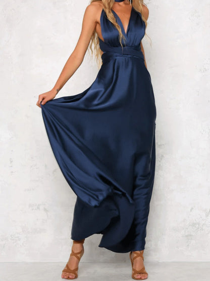 Onbely robe de soirée longue unicolore dos nu col en V licou/ras-du-cou taille élastique élégant invité mariage bal de promo