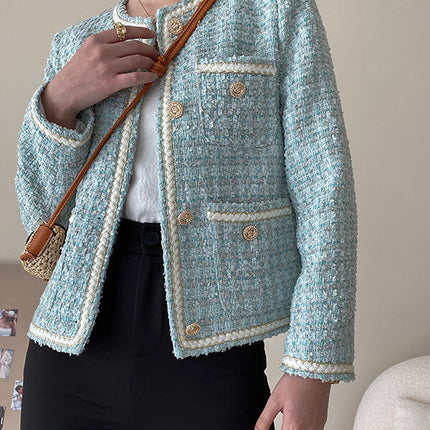 Onbely veste courte en tweed boutonnage avec poches femme élégant bleu