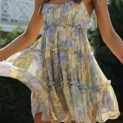 Onbely robe courte imprimé à fleurie à fines brides col carré doux tous les jours vacances boho dress