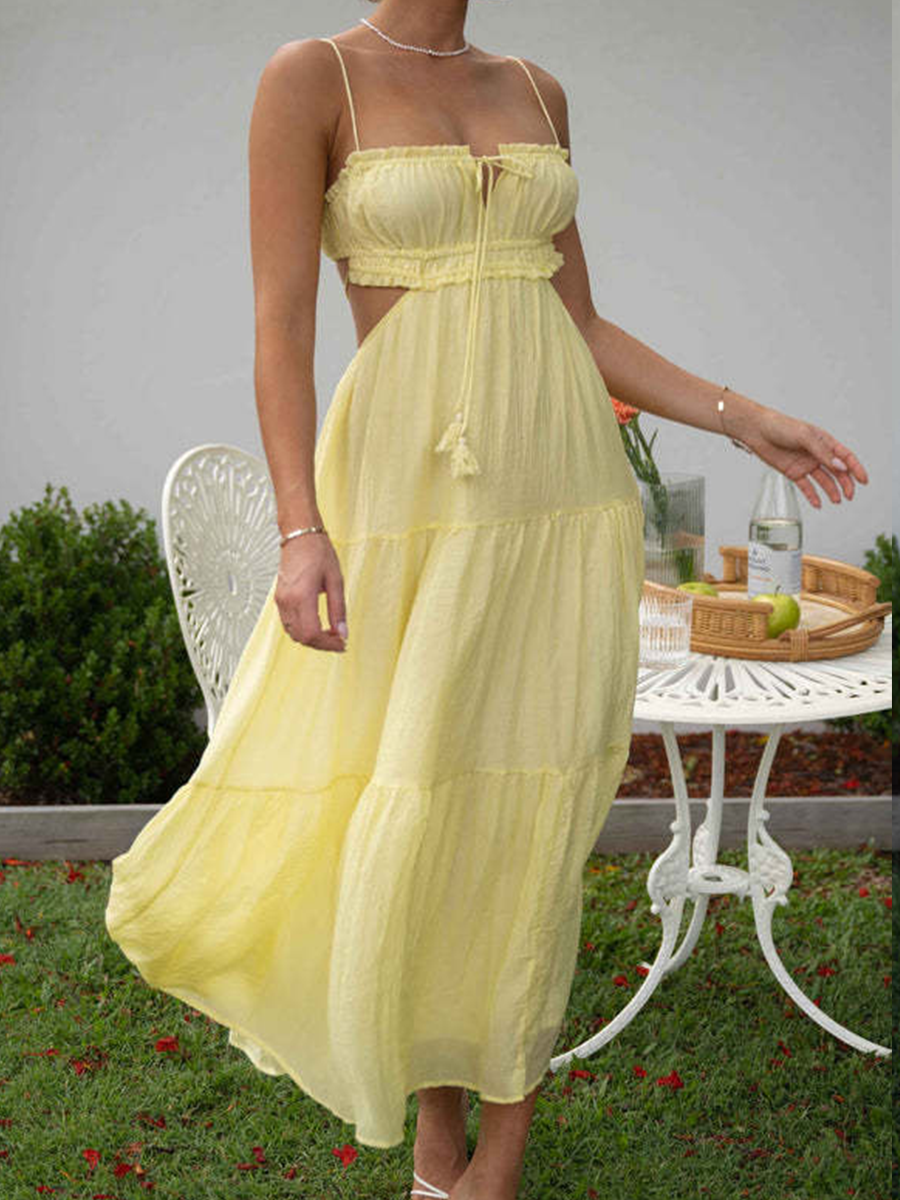 Onbely Robe longue unicolore strappy à fines brides bustier dos nu vacances