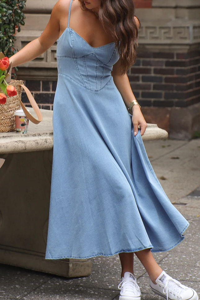 Onbely Robe longue en denim à fines brides mode bleu