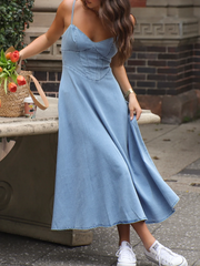 Onbely Corset Style Halter Neck Bodycon Denim Maxi Dress with Thin Straps