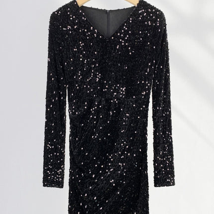 Onbely robe courte moulante velours brillante paillette Col en V cocktail