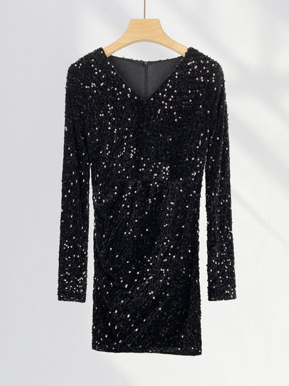 Onbely robe courte moulante velours brillante paillette Col en V cocktail
