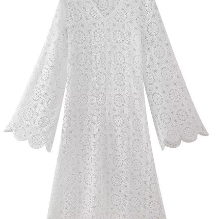 Onbely robe longue trapèze unicolore dentelle brodée col en V manches trompette manches longues mode tous les jours bureau