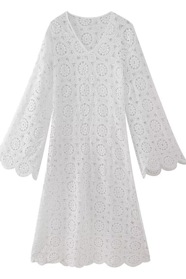 Onbely robe longue trapèze unicolore dentelle brodée col en V manches trompette manches longues mode tous les jours bureau