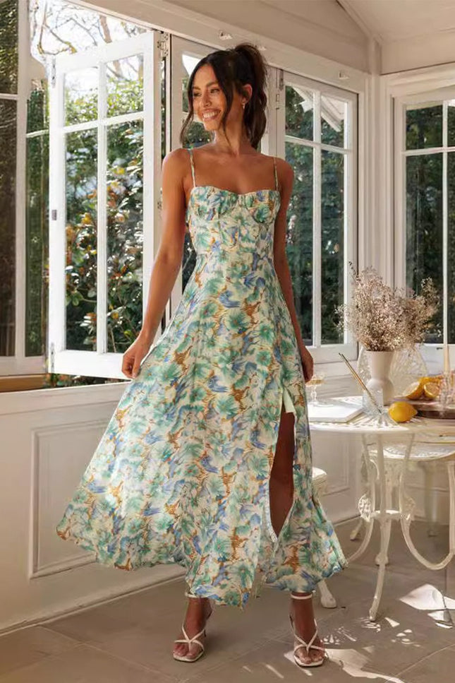 Onbely robe longue imprimé floral fendu le côté dos nu à fines brides col bateau doux décontractée tous les jours plage boho dress