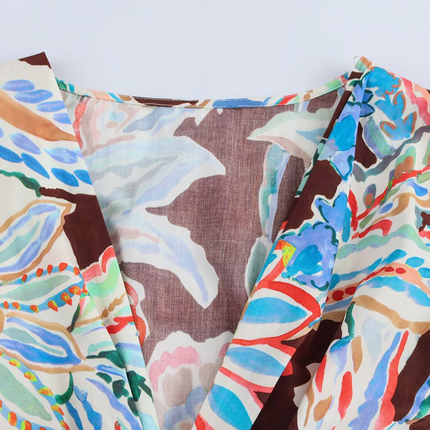 Onbely Robe Longue lâche imprimé à fleurie Col V Manches Longues Bohème boho dress