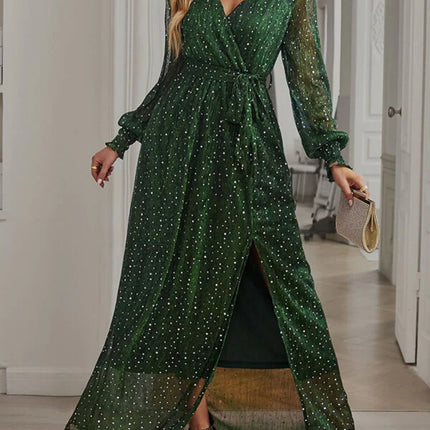 Onbely robe longue fendu le côté brillante paillette ceinture v-cou manches longues élégant de soirée pour mariage