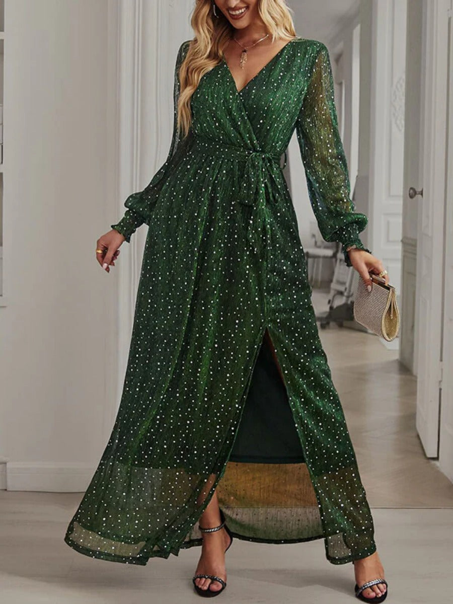 Onbely robe longue fendu le côté brillante paillette ceinture v-cou manches longues élégant de soirée pour mariage